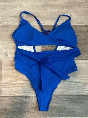 Shade & Shore Cobalt Blue Ribbed One-Piece Swimsuit with Waist Tie